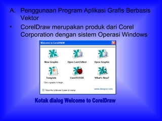 Penggunaan Program Aplikasi Grafis Berbasis Vektor CorelDraw merupakan produk dari Corel Corporation dengan sistem Operasi Windows Kotak dialog Welcome to CorelDraw 