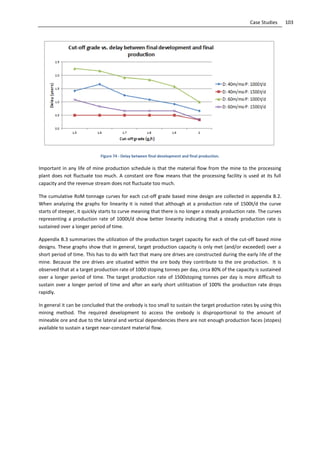 103Case Studies
Figure 74 - Delay between final development and final production.
Important in any life of mine production schedule is that the material flow from the mine to the processing
plant does not fluctuate too much. A constant ore flow means that the processing facility is used at its full
capacity and the revenue stream does not fluctuate too much.
The cumulative RoM tonnage curves for each cut-off grade based mine design are collected in appendix B.2.
When analyzing the graphs for linearity it is noted that although at a production rate of 1500t/d the curve
starts of steeper, it quickly starts to curve meaning that there is no longer a steady production rate. The curves
representing a production rate of 1000t/d show better linearity indicating that a steady production rate is
sustained over a longer period of time.
Appendix B.3 summarizes the utilization of the production target capacity for each of the cut-off based mine
designs. These graphs show that in general, target production capacity is only met (and/or exceeded) over a
short period of time. This has to do with fact that many ore drives are constructed during the early life of the
mine. Because the ore drives are situated within the ore body they contribute to the ore production. It is
observed that at a target production rate of 1000 stoping tonnes per day, circa 80% of the capacity is sustained
over a longer period of time. The target production rate of 1500stoping tonnes per day is more difficult to
sustain over a longer period of time and after an early short utilitzation of 100% the production rate drops
rapidly.
In general it can be concluded that the orebody is too small to sustain the target production rates by using this
mining method. The required development to access the orebody is disproportional to the amount of
mineable ore and due to the lateral and vertical dependencies there are not enough production faces (stopes)
available to sustain a target near-constant material flow.
 