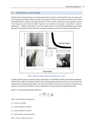 23Theoretical Background
2.2 GEOTECHNICAL STOPE DESIGN
Sublevel stope mining techniques are characterized by the fact that at a certain point in time, the stope walls
are unsupported and exposed. Because access to the stopes is limited to the sublevel ore drives, there is only a
limited possibility for support of the exposed walls. This means that the method can only be applied successful
if the stope walls are inherently stable. Experience has resulted in the graph as presented in Figure 8
(Villaescusa E. , 2000). It shows that in most cases stable stopes can be achieved by designing stopes having
high vertical and short horizontal dimensions or stopes having short vertical and long horizontal dimensions.
Figure 8 - Stable Stope Shapes in Sublevel Stoping (Villaescusa E. , 2000).
A widely applied empirical method to design stable stopes is the Modified Stability Graph Method (Mathews,
1980 & Potvin, 1988). The method is based on the Tunneling Quality index Q and takes into account the most
important factors affecting stope design. The rock mass strength and structure, the stresses around the stope
and the size, shape and orientation are used to determine if a stope design will be stable (Hoek, 1993).
Barton’s Tunneling Quality Index Q is defined as:
 