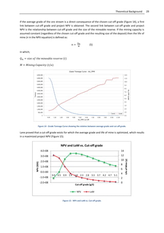 29Theoretical Background
If the average grade of the ore stream is a direct consequence of the chosen cut-off grade (Figure 14), a first
link between cut-off grade and project NPV is obtained. The second link between cut-off grade and project
NPV is the relationship between cut-off grade and the size of the mineable reserve. If the mining capacity is
assumed constant (regardless of the chosen cut-off grade and the resulting size of the deposit) then the life of
mine (n in the NPV equation) is defined as:
(5)
in which;
Figure 14 - Grade Tonnage Curve showing the relation between average grade and cut-off grade.
Lane proved that a cut-off grade exists for which the average grade and life of mine is optimized, which results
in a maximized project NPV (Figure 15).
Figure 15 - NPV and LoM vs. Cut-off grade.
0
2
4
6
8
10
12
14
-2.E+08
-1.E+08
0.E+00
1.E+08
2.E+08
3.E+08
4.E+08
0.0 0.5 0.9 1.4 1.9 2.3 2.8 3.3 3.7 4.2 4.7 5.1
LifeofMine(y)
NPV(SEK)
Cut-off grade (g/t)
NPV and LoM vs. Cut-off grade
NPV LoM
 