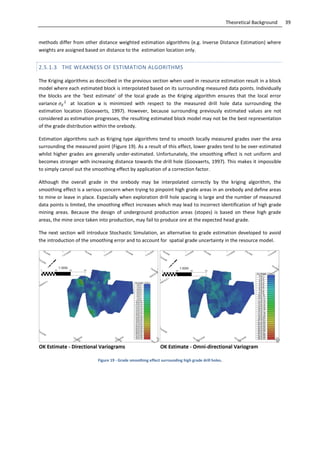 39Theoretical Background
methods differ from other distance weighted estimation algorithms (e.g. Inverse Distance Estimation) where
weights are assigned based on distance to the estimation location only.
2.5.1.3 THE WEAKNESS OF ESTIMATION ALGORITHMS
The Kriging algorithms as described in the previous section when used in resource estimation result in a block
model where each estimated block is interpolated based on its surrounding measured data points. Individually
the blocks are the ‘best estimate’ of the local grade as the Kriging algorithm ensures that the local error
variance at location u is minimized with respect to the measured drill hole data surrounding the
estimation location (Goovaerts, 1997). However, because surrounding previously estimated values are not
considered as estimation progresses, the resulting estimated block model may not be the best representation
of the grade distribution within the orebody.
Estimation algorithms such as Kriging type algorithms tend to smooth locally measured grades over the area
surrounding the measured point (Figure 19). As a result of this effect, lower grades tend to be over-estimated
whilst higher grades are generally under-estimated. Unfortunately, the smoothing effect is not uniform and
becomes stronger with increasing distance towards the drill hole (Goovaerts, 1997). This makes it impossible
to simply cancel out the smoothing effect by application of a correction factor.
Although the overall grade in the orebody may be interpolated correctly by the kriging algorithm, the
smoothing effect is a serious concern when trying to pinpoint high grade areas in an orebody and define areas
to mine or leave in place. Especially when exploration drill hole spacing is large and the number of measured
data points is limited, the smoothing effect increases which may lead to incorrect identification of high grade
mining areas. Because the design of underground production areas (stopes) is based on these high grade
areas, the mine once taken into production, may fail to produce ore at the expected head grade.
The next section will introduce Stochastic Simulation, an alternative to grade estimation developed to avoid
the introduction of the smoothing error and to account for spatial grade uncertainty in the resource model.
Figure 19 - Grade smoothing effect surrounding high grade drill holes.
 