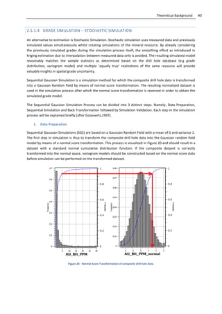 40Theoretical Background
2.5.1.4 GRADE SIMULATION – STOCHASTIC SIMULATION
An alternative to estimation is Stochastic Simulation. Stochastic simulation uses measured data and previously
simulated values simultaneously whilst creating simulations of the mineral resource. By already considering
the previously simulated grades during the simulation process itself, the smoothing effect as introduced in
kriging estimation due to interpolation between measured data only is avoided. The resulting simulated model
reasonably matches the sample statistics as determined based on the drill hole database (e.g grade
distribution, variogram model) and multiple ’equally true’ realizations of the same resource will provide
valuable insights in spatial grade uncertainty.
Sequential Gaussian Simulation is a simulation method for which the composite drill hole data is transformed
into a Gaussian Random Field by means of normal score transformation. The resulting normalized dataset is
used in the simulation process after which the normal score transformation is reversed in order to obtain the
simulated grade model.
The Sequential Gaussian Simulation Process can be divided into 3 distinct steps. Namely; Data Preparation,
Sequential Simulation and Back Transformation followed by Simulation Validation. Each step in the simulation
process will be explained briefly (after Goovaerts,1997).
1. Data Preparation
Sequential Gaussian Simulations (SGS) are based on a Gaussian Random Field with a mean of 0 and variance 1.
The first step in simulation is thus to transform the composite drill hole data into the Gaussian random field
model by means of a normal score transformation. This process is visualized in Figure 20 and should result in a
dataset with a standard normal cumulative distribution function. If the composite dataset is correctly
transformed into the normal space, variogram models should be constructed based on the normal score data
before simulation can be performed on the transformed dataset.
Figure 20 - Normal Score Transformation of composite drill hole data.
 