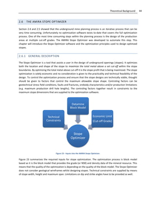 44Theoretical Background
2.6 THE AMIRA STOPE OPTIMIZER
Section 2.4 and 2.5 showed that the underground mine planning process is an iterative process that can be
very time consuming. Unfortunately no optimization software exists to-date that covers the full optimization
process. One of the most time consuming steps within the planning process is the design of the production
areas at multiple cut-off grades. The AMIRA Stope Optimizer was developed to automate this step. This
chapter will introduce the Stope Optimizer software and the optimization principles used to design optimzed
stopes.
2.6.1 GENERAL DESCRIPTION
The Stope Optimizer is a tool that assists a user in the design of underground openings (stopes). It optimizes
both the location and shape of the stope to maximize the total metal above a set cut-off within the stope
boundaries. By optimizing the total metal above cut-off it is the stope profit that is being maximized. The stope
optimization is solely economic and no consideration is given to the practicality and technical feasibility of the
design. To control the optimization process and ensure that the stope designs are technically viable, thought
should be given to factors that control the maximum allowable stope shape. Controling factors can be
geotechnical stress field conditions, faults and fractures, orebody characteristics and/or production limitations
(e.g. maximum production drill hole lengths). The controling factors together result in constraints to the
maximum stope dimensions that are supplied to the optimization software.
Figure 23 - Inputs into the AMIRA Stope Optimizer.
Figure 23 summarizes the required inputs for stope optimization. The optimization process is block model
based as it is the block model that provides the grade (or NSR) and density data of the mineral resource. This
means that the quality of the optimization is depending on the quality of the block model. The Stope Optimizer
does not consider geological wireframes whilst designing stopes. Technical constraints are supplied by means
of stope width, height and maximum span. Limitations on dip and strike angles have to be provided as well.
Stope
Optimizer
Technical
Constraints
Datamine
Block Model
Economic Limit
(Cut-off Grade)
 