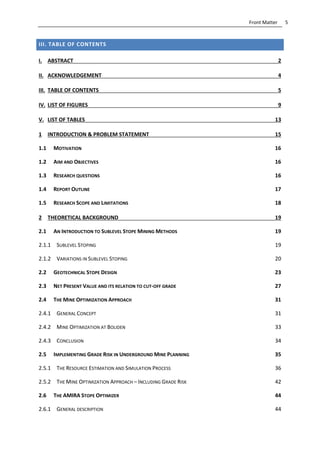5Front Matter
III. TABLE OF CONTENTS
I. ABSTRACT 2
II. ACKNOWLEDGEMENT 4
III. TABLE OF CONTENTS 5
IV. LIST OF FIGURES 9
V. LIST OF TABLES 13
1 INTRODUCTION & PROBLEM STATEMENT 15
1.1 MOTIVATION 16
1.2 AIM AND OBJECTIVES 16
1.3 RESEARCH QUESTIONS 16
1.4 REPORT OUTLINE 17
1.5 RESEARCH SCOPE AND LIMITATIONS 18
2 THEORETICAL BACKGROUND 19
2.1 AN INTRODUCTION TO SUBLEVEL STOPE MINING METHODS 19
2.1.1 SUBLEVEL STOPING 19
2.1.2 VARIATIONS IN SUBLEVEL STOPING 20
2.2 GEOTECHNICAL STOPE DESIGN 23
2.3 NET PRESENT VALUE AND ITS RELATION TO CUT-OFF GRADE 27
2.4 THE MINE OPTIMIZATION APPROACH 31
2.4.1 GENERAL CONCEPT 31
2.4.2 MINE OPTIMIZATION AT BOLIDEN 33
2.4.3 CONCLUSION 34
2.5 IMPLEMENTING GRADE RISK IN UNDERGROUND MINE PLANNING 35
2.5.1 THE RESOURCE ESTIMATION AND SIMULATION PROCESS 36
2.5.2 THE MINE OPTIMIZATION APPROACH – INCLUDING GRADE RISK 42
2.6 THE AMIRA STOPE OPTIMIZER 44
2.6.1 GENERAL DESCRIPTION 44
 
