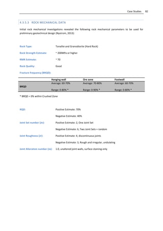 82Case Studies
4.3.5.3 ROCK MECHANICAL DATA
Initial rock mechanical investigations revealed the following rock mechanical parameters to be used for
preliminary geotechnical design (Nystrom, 2013):
Rock Type: Tonalite and Granodiorite (Hard Rock)
Rock Strength Estimate: ~ 200MPa or higher
RMR Estimate: ~ 70
Rock Quality: Good
Fracture frequency (BRQD):
Hanging wall Ore zone Footwall
BRQD
Average: 60-70%
Range: 0-80% *
Average: 70-80%
Range: 0-90% *
Average: 60-70%
Range: 0-80% *
* BRQD = 0% within Crushed Zone
RQD: Positive Estimate: 70%
Negative Estimate: 40%
Joint Set number (Jn): Positive Estimate: 2, One Joint Set
Negative Estimate: 6, Two Joint Sets + random
Joint Roughness (Jr): Positive Estimate: 4, discontinuous joints
Negative Estimate: 3, Rough and irregular, undulating
Joint Alteration number (Ja): 1.0, unaltered joint walls, surface staining only
 
