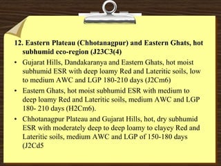 12. Eastern Plateau (Chhotanagpur) and Eastern Ghats, hot
subhumid eco-region (J23C3(4)
• Gujarat Hills, Dandakaranya and Eastern Ghats, hot moist
subhumid ESR with deep loamy Red and Lateritic soils, low
to medium AWC and LGP 180-210 days (J2Cm6)
• Eastern Ghats, hot moist subhumid ESR with medium to
deep loamy Red and Lateritic soils, medium AWC and LGP
180- 210 days (H2Cm6).
• Chhotanagpur Plateau and Gujarat Hills, hot, dry subhumid
ESR with moderately deep to deep loamy to clayey Red and
Lateritic soils, medium AWC and LGP of 150-180 days
(J2Cd5
 