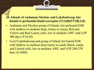 20. Islands of Andaman-Nicobar and Lakshadweep, hot
humid to perhumid island ecoregion (T1A(B)5/T1B(A)5)
• Andaman and Nicobar group of Islands, hot perhumid ESR
with shallow to medium deep, loamy to clayey Red and
Yellow and Red Loamy soils, low to medium AWC and LGP
300 days (T3A10).
• Level Lakshadweep and group of Island, hot humid ESR
with shallow to medium deep loamy to sandy Black, sandy
and Littoral soils, low to medium AWC and LGP 240-270
days (U16B8).
 
