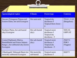 Agroecological region Climate Forest type Centeres
Deccan (Telangana) Plateau and
Eastern Ghats, hot arid Ecoregion
Hot semi-arid Tropical dry
deciduous-5
Tropical thorn forest -
6
TNAU, UAS
(Bengaluru)
Northern Plains, hot sub-humid
(dry) Ecoregion
Hot sub-humid
(dry)
Tropical moist
deciduous-3
Tropical dry
deciduous - 5
NDUAT,
GBPUAT
Central Highlands (Malwa,
Bundelkhand and Estern Satpura
Range ), hot subhumid (dry/moist)
Ecoregion
Hot sub-humid
(dry)
Tropical moist
deciduous-3
Tropical dry
deciduous - 5
JNKVV,
PDKV
(Nagpur)
Chhattisgarh/ Mahanadi Basin hot
moist/dry subhumid Ecoregion
Hot moist/dry
sub-humid
Tropical moist
deciduous-3
IGKVV
 