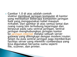  Gambar 1.0 di atas adalah contoh
stuktur membuat jaringan komputer di kantor
yang melibatkan beberapa komponen jaringan
baik yang menggunakan kabel maupun
nirkabel. Dari gambar di atas semua lantai dan
ruang ruang lain terhubung kejaringan dan
berpusat pada satu sentral jaringan. Sentral
jaringan menghubungkan jaringan kantor
ke jaringan internet melalui sebuah server
gateway yang dilengkapi dengan modem/router.
Selain itu pula sentral jaringan juga memberikan
fasilitas server yang memiliki sumberdaya yang
bisa digunakan bersama-sama seperti
file, scanner, dan printer.
 