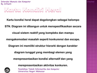 Interaksi Manusia dan Komputer                                  Created
By Arfianti




     Kartu kondisi heral dapat dogolongkan sebagai kelompo

   STN. Diagram ini dibangun untuk menspesifikasikan secara

           visual sistem reaktif yang kompleks dan mampu

     mengakomodasi masalah seperti konkurensi dan escape.

       Diagram ini memiliki struktur hierarki dengan karakter

             diagram tunggal yang membagi elemen yang

            merepresentasikan kondisi alternatif dan yang

                 merepresentasikan aktivitas konkuren.
                 Pendidikan Teknik Informatika dan Komputer
                 Universitas Negeri Makassar
 