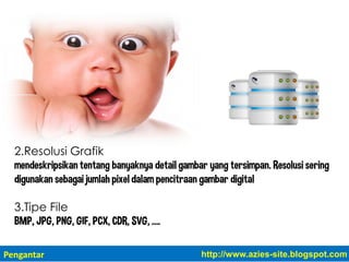 2.Resolusi Grafik
mendeskripsikan tentang banyaknya detail gambar yang tersimpan. Resolusi sering
digunakan sebagai jumlah pixel dalam pencitraan gambar digital
3.Tipe File
BMP, JPG, PNG, GIF, PCX, CDR, SVG, ….
Pengantar http://www.azies-site.blogspot.com
 