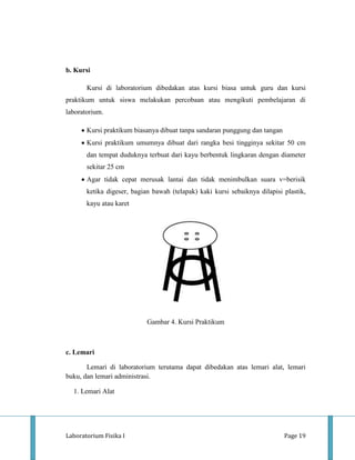 b. Kursi

       Kursi di laboratorium dibedakan atas kursi biasa untuk guru dan kursi
praktikum untuk siswa melakukan percobaan atau mengikuti pembelajaran di
laboratorium.

       Kursi praktikum biasanya dibuat tanpa sandaran punggung dan tangan
       Kursi praktikum umumnya dibuat dari rangka besi tingginya sekitar 50 cm
       dan tempat duduknya terbuat dari kayu berbentuk lingkaran dengan diameter
       sekitar 25 cm
       Agar tidak cepat merusak lantai dan tidak menimbulkan suara v=berisik
       ketika digeser, bagian bawah (telapak) kaki kursi sebaiknya dilapisi plastik,
       kayu atau karet




                            Gambar 4. Kursi Praktikum



c. Lemari

       Lemari di laboratorium terutama dapat dibedakan atas lemari alat, lemari
buku, dan lemari administrasi.

  1. Lemari Alat




Laboratorium Fisika I                                                       Page 19
 