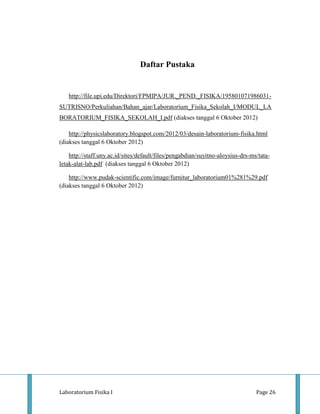 Daftar Pustaka


   http://file.upi.edu/Direktori/FPMIPA/JUR._PEND._FISIKA/195801071986031-
SUTRISNO/Perkuliahan/Bahan_ajar/Laboratorium_Fisika_Sekolah_I/MODUL_LA
BORATORIUM_FISIKA_SEKOLAH_I.pdf (diakses tanggal 6 Oktober 2012)

    http://physicslaboratory.blogspot.com/2012/03/desain-laboratorium-fisika.html
(diakses tanggal 6 Oktober 2012)

    http://staff.uny.ac.id/sites/default/files/pengabdian/suyitno-aloysius-drs-ms/tata-
letak-alat-lab.pdf (diakses tanggal 6 Oktober 2012)

    http://www.pudak-scientific.com/image/furnitur_laboratorium01%281%29.pdf
(diakses tanggal 6 Oktober 2012)




Laboratorium Fisika I                                                            Page 26
 