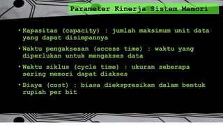 Parameter Kinerja Sistem Memori
• Kapasitas (capacity) : jumlah maksimum unit data
yang dapat disimpannya
• Waktu pengaksesan (access time) : waktu yang
diperlukan untuk mengakses data
• Waktu siklus (cycle time) : ukuran seberapa
sering memori dapat diakses
• Biaya (cost) : biasa diekspresikan dalam bentuk
rupiah per bit
 