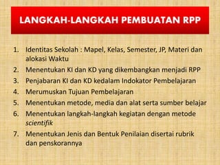 LANGKAH-LANGKAH PEMBUATAN RPP
1. Identitas Sekolah : Mapel, Kelas, Semester, JP, Materi dan
alokasi Waktu
2. Menentukan KI dan KD yang dikembangkan menjadi RPP
3. Penjabaran KI dan KD kedalam Indokator Pembelajaran
4. Merumuskan Tujuan Pembelajaran
5. Menentukan metode, media dan alat serta sumber belajar
6. Menentukan langkah-langkah kegiatan dengan metode
scientifik
7. Menentukan Jenis dan Bentuk Penilaian disertai rubrik
dan penskorannya
 