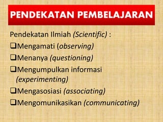 PENDEKATAN PEMBELAJARAN
Pendekatan Ilmiah (Scientific) :
Mengamati (observing)
Menanya (questioning)
Mengumpulkan informasi
(experimenting)
Mengasosiasi (associating)
Mengomunikasikan (communicating)
 