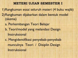 METERI UJIAN SEMESTER I

1)Rangkuman essai seluruh materi (4 buku wajib)
2)Rangkuman dijabarkan dalam bentuk model
(skema)
a. Perkembangan Teori Belajar
b. Teori/model yang melandasi Design
Instruksional
c. Mengidentifikasi penyebab-penyebab
munculnya Teori / Disiplin Design
Instruksional

 