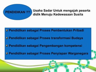 PENDIDIKAN ?? 
Usaha Sadar Untuk mengajak peserta 
didik Menuju Kedewasaan Susila 
Pendidikan sebagai Proses Pembentukan Pribadi 
Pendidikan sebagai Proses transformasi Budaya 
Pendidikan sebagai Pengembangan kompetensi 
Pendidikan sebagai Proses Penyiapan Warganegara 
 