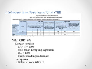 i. Menentukan Perkiraan Nilai CBR
Nilai CBR : 6%
Dengan kondisi:
- LHRT >= 2000
- Jenis tanah Lempung kepasiran
- FSL > 1000
- Timbunan dengan drainase
sempurna
- Galian di zona iklim III
 
