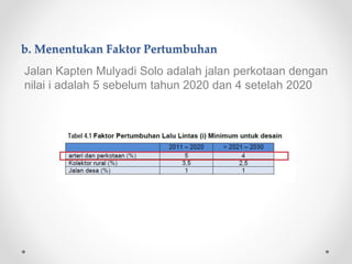 b. Menentukan Faktor Pertumbuhan
Jalan Kapten Mulyadi Solo adalah jalan perkotaan dengan
nilai i adalah 5 sebelum tahun 2020 dan 4 setelah 2020
 