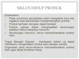 SIKLUS HIDUP PRODUK
Explanation:
1. Pada umumnya perusahaan akan mengalami arus kas
negative saat perusahaan mengembangkan produk.
2. Produk berhasil, kerugian dapat teratasi.
3. Produk sukses dapat menghasilkan keuntungan
sebelum siklus hidupnya menurun.
4. Keuntungan menurun, harus memperkenalkan produk
baru.
Tugas Manajer Operasi : mendesain sistem yg dapat
membantu mengenalkan produk baru dengan sukses.
Organisasi perlu terus-menerus memperkenalkan produk
baru agar dapat bertahan hidup.
 