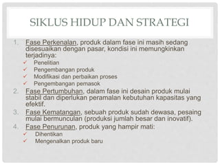 SIKLUS HIDUP DAN STRATEGI
1. Fase Perkenalan, produk dalam fase ini masih sedang
disesuaikan dengan pasar, kondisi ini memungkinkan
terjadinya:
 Penelitian
 Pengembangan produk
 Modifikasi dan perbaikan proses
 Pengembangan pemasok
2. Fase Pertumbuhan, dalam fase ini desain produk mulai
stabil dan diperlukan peramalan kebutuhan kapasitas yang
efektif.
3. Fase Kematangan, sebuah produk sudah dewasa, pesaing
mulai bermunculan (produksi jumlah besar dan inovatif).
4. Fase Penurunan, produk yang hampir mati:
 Dihentikan
 Mengenalkan produk baru
 