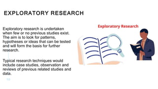 EXPLORATORY RESEARCH
Exploratory research is undertaken
when few or no previous studies exist.
The aim is to look for patterns,
hypotheses or ideas that can be tested
and will form the basis for further
research.
Typical research techniques would
include case studies, observation and
reviews of previous related studies and
data.
10
 