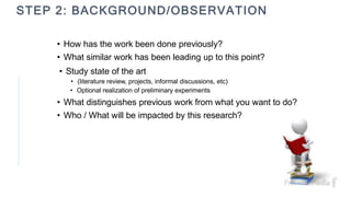 STEP 2: BACKGROUND/OBSERVATION
• How has the work been done previously?
• What similar work has been leading up to this point?
• Study state of the art
• (literature review, projects, informal discussions, etc)
• Optional realization of preliminary experiments
• What distinguishes previous work from what you want to do?
• Who / What will be impacted by this research?
 