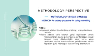 METHODOLOGY PERSPECTIVE
R
E
S
E
A
R
C
H
ME
T
H
O
D
O
L
O
G
Y
3
METHODOLOGY : System of Methods
METHOD: An orderly procedure for doing something
KBBI:
Metodologi adalah ilmu tentang metode; uraian tentang
metode
Metode adalah cara teratur yang digunakan untuk
melaksanakan suatu pekerjaan agar tercapai sesuai
dengan yang dikehendaki; cara kerja yang
bersistem untuk memudahkan pelaksanaan suatu
kegiatan guna mencapai tujuan yang ditentukan
 