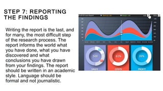 STEP 7: REPORTING
THE FINDINGS
Writing the report is the last, and
for many, the most difficult step
of the research process. The
report informs the world what
you have done, what you have
discovered and what
conclusions you have drawn
from your findings. The report
should be written in an academic
style. Language should be
formal and not journalistic.
3 0
 