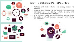 METHODOLOGY PERSPECTIVE
R
E
S
E
A
R
C
H
ME
T
H
O
D
O
L
O
G
Y
4
• Methods and methodologies are closely related to
research.
• Research methodology is the specific procedures or
techniques used to identify, select, process, and
analyze information about a topic.
• In a research paper, the methodology section allows
the reader to critically evaluate a study’s overall validity
and reliability
 