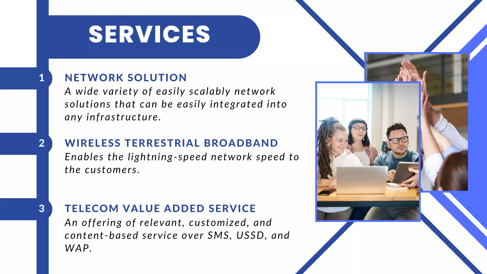 A wide variety of easily scalably network
solutions that can be easily integrated into
any infrastructure.
Enables the lightning-speed network speed to
the customers.
An offering of relevant, customized, and
content-based service over SMS, USSD, and
WAP.
NETWORK SOLUTION
1
2
3
WIRELESS TERRESTRIAL BROADBAND
TELECOM VALUE ADDED SERVICE
SERVICES