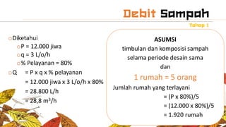 oDiketahui
oP = 12.000 jiwa
oq = 3 L/o/h
o% Pelayanan = 80%
oQ = P x q x % pelayanan
= 12.000 jiwa x 3 L/o/h x 80%
= 28.800 L/h
= 28,8 m3/h
ASUMSI
timbulan dan komposisi sampah
selama periode desain sama
dan
1 rumah = 5 orang
Jumlah rumah yang terlayani
= (P x 80%)/5
= (12.000 x 80%)/5
= 1.920 rumah
 