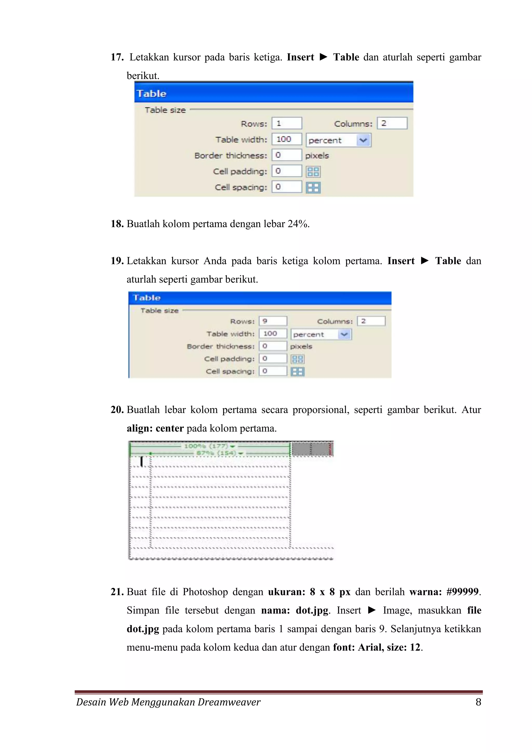 Desain Web Menggunakan Dreamweaver 8
17. Letakkan kursor pada baris ketiga. Insert ► Table dan aturlah seperti gambar
berikut.
18. Buatlah kolom pertama dengan lebar 24%.
19. Letakkan kursor Anda pada baris ketiga kolom pertama. Insert ► Table dan
aturlah seperti gambar berikut.
20. Buatlah lebar kolom pertama secara proporsional, seperti gambar berikut. Atur
align: center pada kolom pertama.
21. Buat file di Photoshop dengan ukuran: 8 x 8 px dan berilah warna: #99999.
Simpan file tersebut dengan nama: dot.jpg. Insert ► Image, masukkan file
dot.jpg pada kolom pertama baris 1 sampai dengan baris 9. Selanjutnya ketikkan
menu-menu pada kolom kedua dan atur dengan font: Arial, size: 12.
 