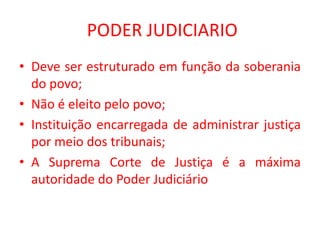 PODER JUDICIARIO
• Deve ser estruturado em função da soberania
do povo;
• Não é eleito pelo povo;
• Instituição encarregada de administrar justiça
por meio dos tribunais;
• A Suprema Corte de Justiça é a máxima
autoridade do Poder Judiciário
 