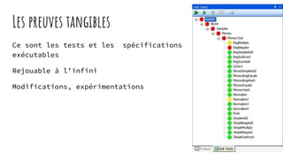 Les preuves tangibles
Ce sont les tests et les spécifications
exécutables
Rejouable à l’infini
Modifications, expérimentations
 