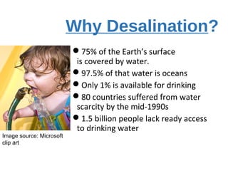 Why Desalination?
75% of the Earth’s surface
is covered by water.
97.5% of that water is oceans
Only 1% is available for drinking
80 countries suffered from water
scarcity by the mid-1990s
1.5 billion people lack ready access
to drinking water
Image source: Microsoft
clip art
 