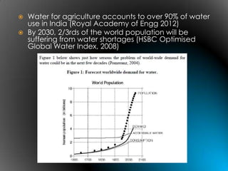    Water for agriculture accounts to over 90% of water
    use in India (Royal Academy of Engg 2012)
   By 2030, 2/3rds of the world population will be
    suffering from water shortages (HSBC Optimised
    Global Water Index, 2008)
 