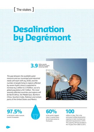[ The stakes ]
60%
of the world’s biggest
cities in coastal areas
do not have access to
freshwater.
100
million m3
/day. This is the
estimated installed desalination
capacity to meet municipal and
industrial requirements in 2015.
This capacity will have doubled in
the 10 years from 2005 to 2015.
97.5%
of the Earth’s water reserves
consist of seawater.
The gap between the available water
resource and our municipal and industrial
needs will reach 40% by 2030, and the
number of people living in regions affected
by severe hydric stress is expected to
increase by a billion to 3.9 billion, out of a
global population of 8.1 billion. The most
severely affected countries and regions will
be North Africa, the Middle East, Northern
China, Southern India, Pakistan and certain
parts of the United States and Mexico.
Desalination
by Degrémont
3.9
billion people
affected by hydric
stress by 2030.
2
109474_PLAQUETTE_DEGREMONT_DESSALEMENT_VA.indd 2 20/11/13 18:29
 