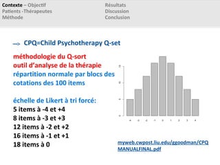 CPQ=Child Psychotherapy Q-set
méthodologie du Q-sort
outil d’analyse de la thérapie
répartition normale par blocs des
cotations des 100 items
échelle de Likert à tri forcé:
5 items à -4 et +4
8 items à -3 et +3
12 items à -2 et +2
16 items à -1 et +1
18 items à 0 myweb.cwpost.liu.edu/ggoodman/CPQ
MANUALFINAL.pdf
 