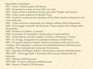Specchietto cronologico
1817 - Nasce a Morra Irpina il 28 marzo.
1826 - Frequenta la scuola privata dello zio Carlo.
1831 - Passa nel liceo dell'abate Fazzini, poi nello "Studio" del Garzini.
1834 - Nella scuola superiore di Basilio Puoti.
1839 - Fonda la scuola privata superiore al Vico Bisi, mentre sostituisce lo zio
Carlo nella sua.
1841 - Viene nominato insegnante nel Collegio militare della Nunziatella.
1848 - Il 15 maggio combatte alle barricate. Viene sospeso dal Collegio della
Nunziatella.
1849 - Si ritira in Calabria, a Cosenza.
1850 - È arrestato il 3 dicembre e incarcerato in Castel dell'Ovo.
1853 - Viene liberato ma deve andare in esilio: in Piemonte, a Torino.
1856 - È a Zurigo, insegnante di Letteratura Italiana al Politecnico.
1860 - Il 6 agosto ritorna a Napoli. Eletto Governatore della provincia di
Avellino. Nel settembre è nominato da Garibaldi Direttore dell'Istruzione
pubblica. Provvedimenti per rinnovare l'Università.
1861 - Deputato del Regno d'Italia e dal 20 marzo ministro dell'Istruzione.
1865-1876 - Torna agli studi: è il periodo della sua più intensa attività
letteraria.
1878 - Ministro dell'Istruzione.
1879-1882 - Di nuovo Ministro dell'Istruzione
1883 - Muore a Napoli il 29 dicembre.
 