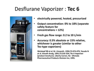 Desflurane Vaporizer : Tec 6
• electrically powered, heated, pressurized
• Output concentration: 0% to 18% (separate
safety feature for
concentrations > 12%)
• Fresh gas flow range: 0.2 to 10 L/min
• Accuracy: 0.5% absolute or 15% relative,
whichever is greater (similar to other
Tec-type vaporizers)
Weiskopf RB et al. Br J Anaesth. 1994;72:474-479; Yasuda N
et al. Anesth Analg. 1991;72:316-324; Tec 6 Vaporizer
[product brochure]. Liberty Corner, NJ: Ohmeda
Pharmaceutical Products Division Inc; 1995.
 