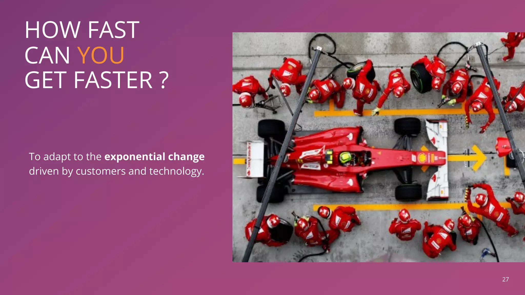 27
HOW FAST
CAN YOU
GET FASTER ?
To adapt to the exponential change
driven by customers and technology.
 