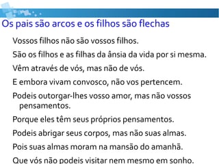 Os pais são arcos e os filhos são flechas
Vossos filhos não são vossos filhos.
São os filhos e as filhas da ânsia da vida por si mesma.
Vêm através de vós, mas não de vós.
E embora vivam convosco, não vos pertencem.
Podeis outorgar-lhes vosso amor, mas não vossos
pensamentos.
Porque eles têm seus próprios pensamentos.
Podeis abrigar seus corpos, mas não suas almas.
Pois suas almas moram na mansão do amanhã.
Que vós não podeis visitar nem mesmo em sonho.
 