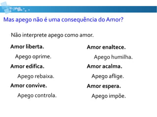 Mas apego não é uma consequência do Amor?
Não interprete apego como amor.
Amor enaltece.
Apego humilha.
Amor acalma.
Apego aflige.
Amor espera.
Apego impõe.
Amor liberta.
Apego oprime.
Amor edifica.
Apego rebaixa.
Amor convive.
Apego controla.
 