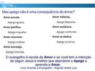 Mas apego não é uma consequência do Amor?
Amor escuta.
Apego ignora.
Amor pacífica.
Apego inquieta.
Amor renuncia.
Apego ordena.
Amor encoraja.
Apego intimida.
Amor valoriza.
Apego deprecia.
Amor esclarece.
Apego confunde.
Amor se dedica.
Apego se serve.
O evangelho é escola de Amor e se você tem a intenção
de seguir Jesus é melhor que abandone o Apego e
aprenda a Amar.
Livro Vivendo o Evangelho – Espírito André Luiz
 