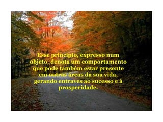 Esse princípio, expresso num
objeto, denota um comportamento
que pode também estar presente
em outras áreas da sua vida,
gerando entraves ao sucesso e à
prosperidade.
 