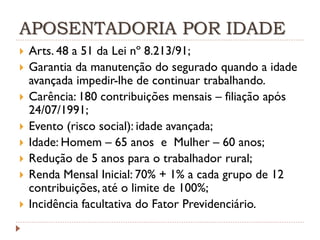 APOSENTADORIA POR IDADE









Arts. 48 a 51 da Lei nº 8.213/91;
Garantia da manutenção do segurado quando a idade
avançada impedir-lhe de continuar trabalhando.
Carência: 180 contribuições mensais – filiação após
24/07/1991;
Evento (risco social): idade avançada;
Idade: Homem – 65 anos e Mulher – 60 anos;
Redução de 5 anos para o trabalhador rural;
Renda Mensal Inicial: 70% + 1% a cada grupo de 12
contribuições, até o limite de 100%;
Incidência facultativa do Fator Previdenciário.

 