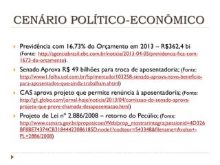 CENÁRIO POLÍTICO-ECONÔMICO


Previdência com 16,73% do Orçamento em 2013 – R$362,4 bi
(Fonte: http://agenciabrasil.ebc.com.br/noticia/2013-04-05/previdencia-fica-com1673-do-orcamento).



Senado Aprova R$ 49 bilhões para troca de aposentadoria; (Fonte:
http://www1.folha.uol.com.br/fsp/mercado/103258-senado-aprova-novo-beneficiopara-aposentados-que-ainda-trabalham.shtml)



CAS aprova projeto que permite renúncia à aposentadoria; (Fonte:
http://g1.globo.com/jornal-hoje/noticia/2013/04/comissao-do-senado-aprovaprojeto-que-preve-chamada-desaposentacao.html)



Projeto de Lei nº 2.886/2008 – retorno do Pecúlio; (Fonte:
http://www.camara.gov.br/proposicoesWeb/prop_mostrarintegra;jsessionid=4D326
BF8BE74374CB31844423086185D.node1?codteor=543348&filename=Avulso+PL+2886/2008)

 