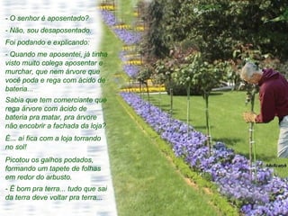 - O senhor é aposentado? - Não, sou desaposentado. Foi podando e explicando: - Quando me aposentei, já tinha visto muito colega aposentar e murchar, que nem árvore que você poda e rega com ácido de bateria...  Sabia que tem comerciante que rega árvore com ácido de bateria pra matar, pra árvore não encobrir a fachada da loja?  É... aí fica com a loja torrando no sol! Picotou os galhos podados, formando um tapete de folhas em redor do arbusto. - É bom pra terra... tudo que sai da terra deve voltar pra terra...  